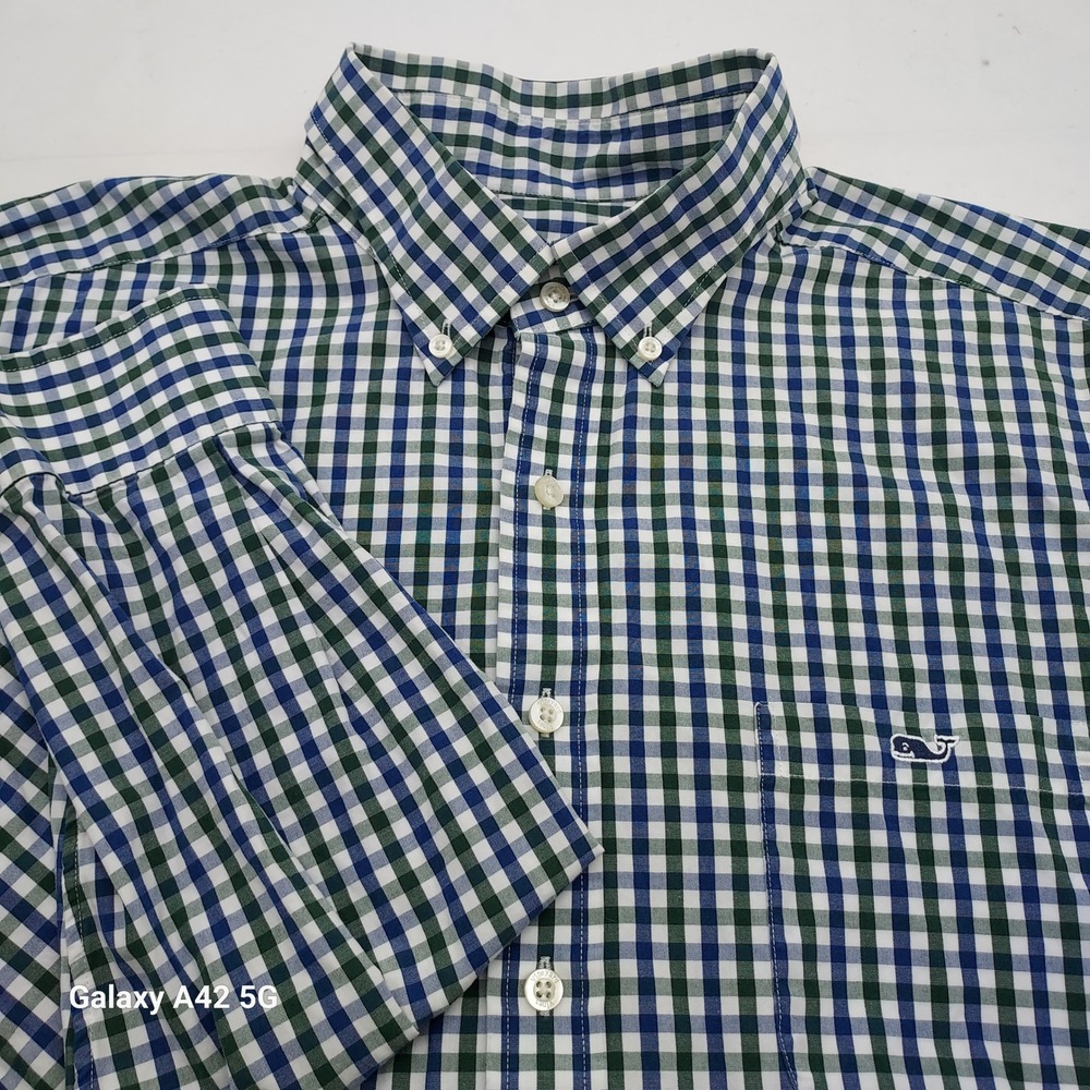 Vineyard Vines Mens XL Slim Fit Tucker Shirt Navy Green Gingham Cotton Top